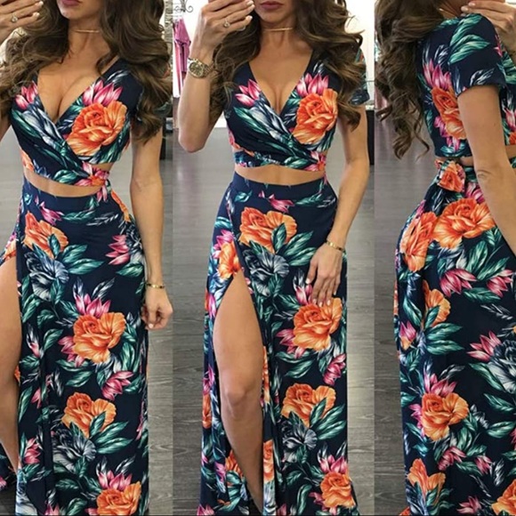 Dresses & Skirts - Tropical Floral Two Piece Set High Slit Maxi Skirt Wrap Crop Top Size M